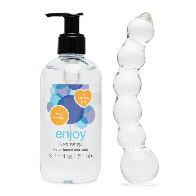 9 Inch Curved G Spot Glass Dildo & Enjoy Water Based Lube 8.5 Fl Oz - Couples Sex Toys Bundle