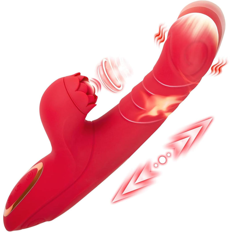 Thrusting Vibrator Rose Sex Toy For Women - 4 In 1 Thrusting Dildo With 7 Thrusting 5 Tapping 10 Vibrating Modes & Heating Function Clitoral Stimulator G Spot Vibrator Female Adult Sex Toy