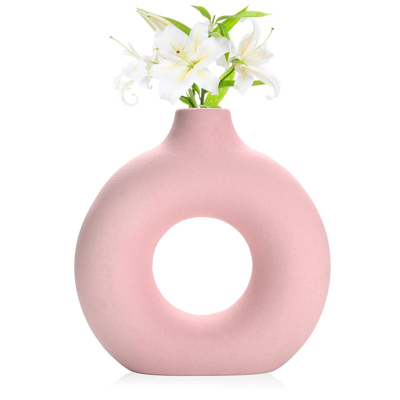 Donut Vase|Circle Hollow Vase|Modern Matte Ceramic Vase For Entryway Living Ro