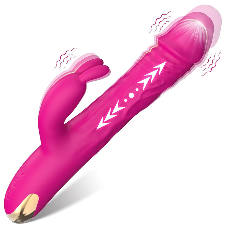 G Spot Vibrator Adult Sex Toys, Rabbit Thrusting With Vibrating Ears, Dildo Vibrators Silicone Realistic Vibradores, 3 In 1Vibrators With 5 Thrusting 10 Vibrations Modes Female Couples Pink