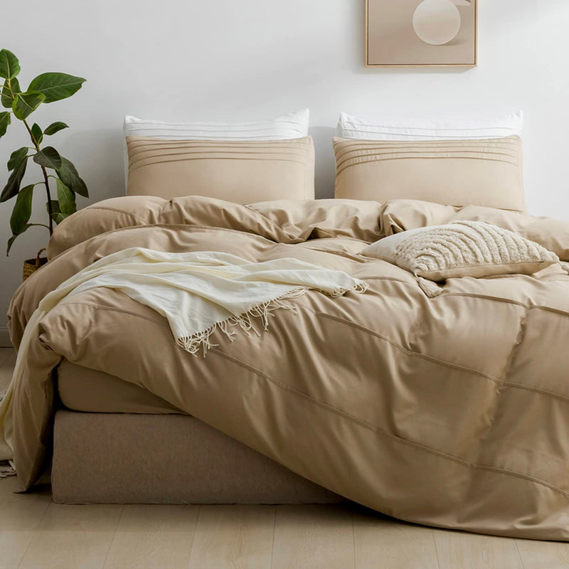 King Size Khaki Duvet Cover Set - 3Pcs Microfiber Bedding Set, Stylish Pleated