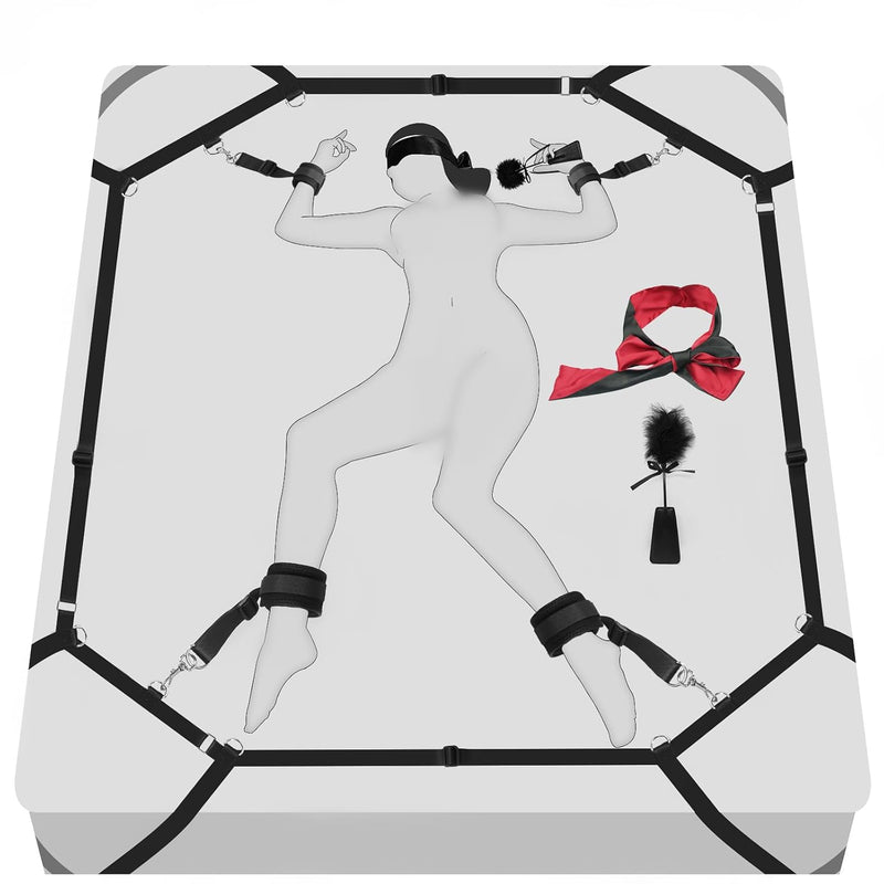 Bdsm Toys Bed Bondage Restraints Set, Sex Straps Kit Fit For Thicker Mattress, Handcuffs Blindfold Tickler, Body Positioner For Bedroom Femdom Adult Pleasure Coupes Extreme Kinkly Games