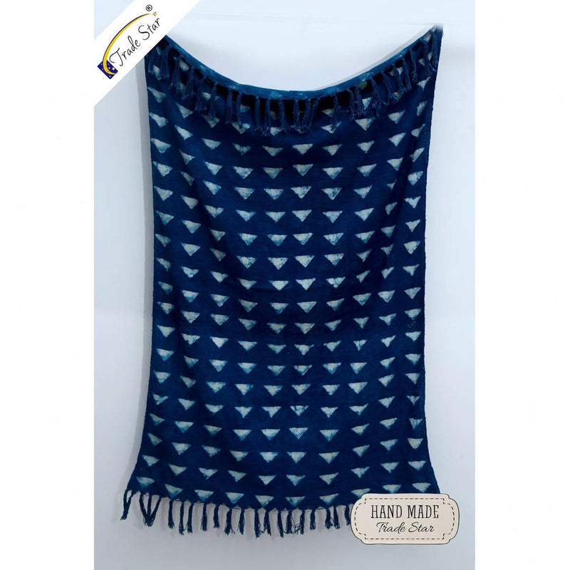 Indigo Mud Cloth Hand Loomed Cotton Throw Blanket Authentic Hand Block Printed