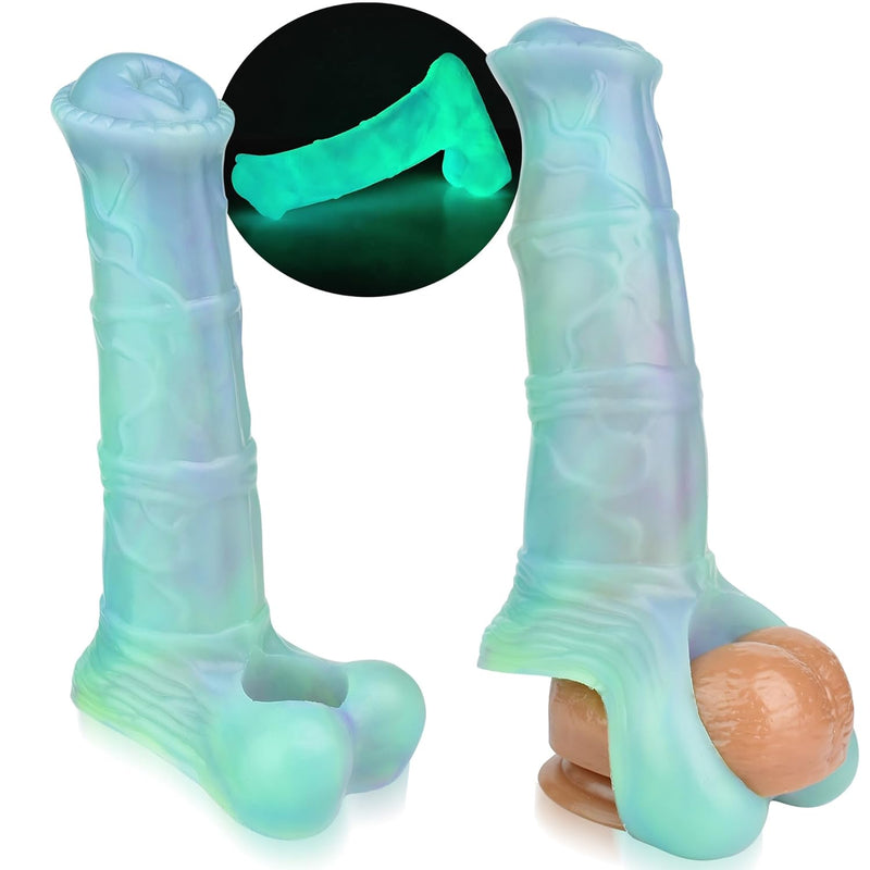 Horse Penis Sleeve For Men, 7.8Inch Thick Luminous Silicone Monster Penis Dildo Grith Extender With Penis Ring Ejaculation Delay For Couples