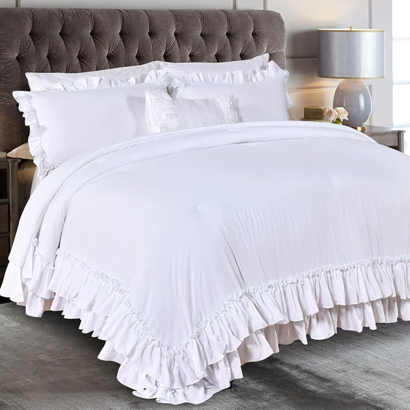 White Ruffled Shabby Comforter Set King,Boho Chic Farmhouse Bedding Down Comfo