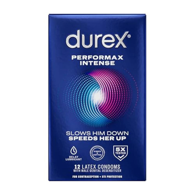 Condoms, Ultra Fine, Ribbed, Dotted with Delay Lubricant, Durex Performax Intense Natural Rubber Latex Condoms, 12 Count, Contains Desensitizing Lube for Men