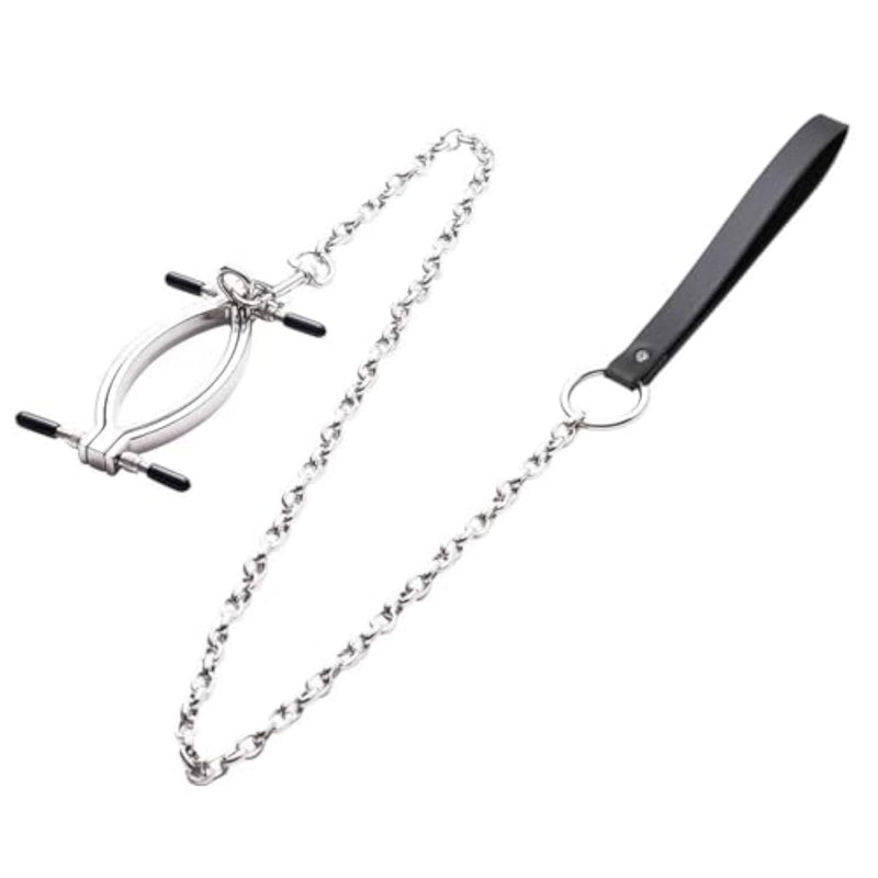 Adjustable Stainless Steel Tension Clip with Metal Chain & Leather Handle, Adult Bondage Accessory for Role Play & Boudoir Shoot