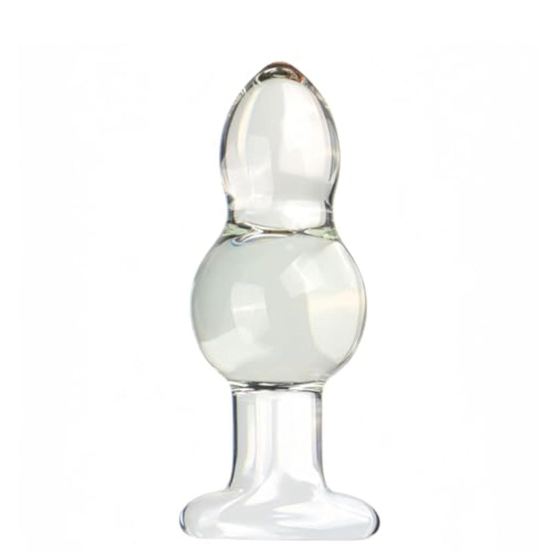 Glass Crystal Anal Butt Plug 2 Beads Design Sex Toys with Safety Base, Transparent Cone Shape Anal Plug Dildo G-Spot Massager Adult Sex Tools for Beginners and Advanced Players (M)