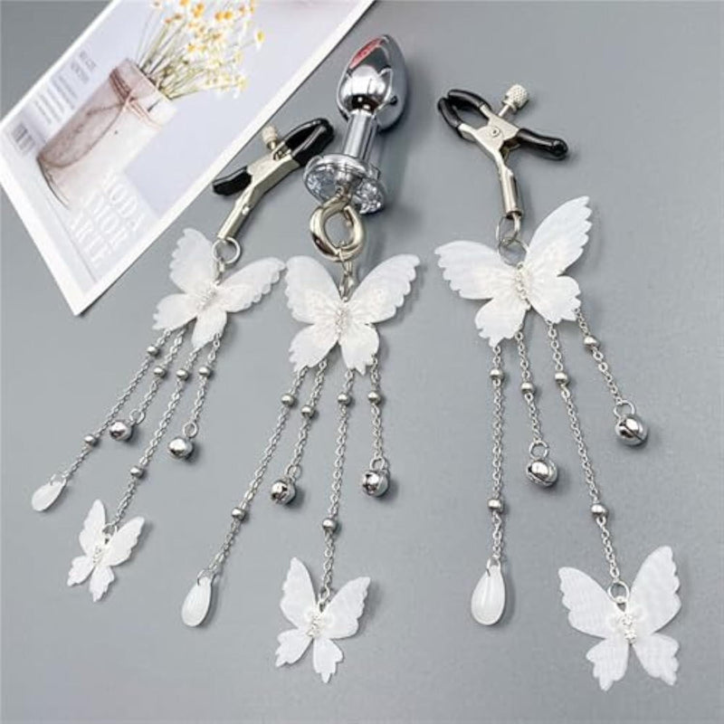 Female Metal Bullet Butt Plug with Jewelry Base Butterfly Style Butt Plug Bell Butterfly Adjustable Breast Clamp Sex Toy Set