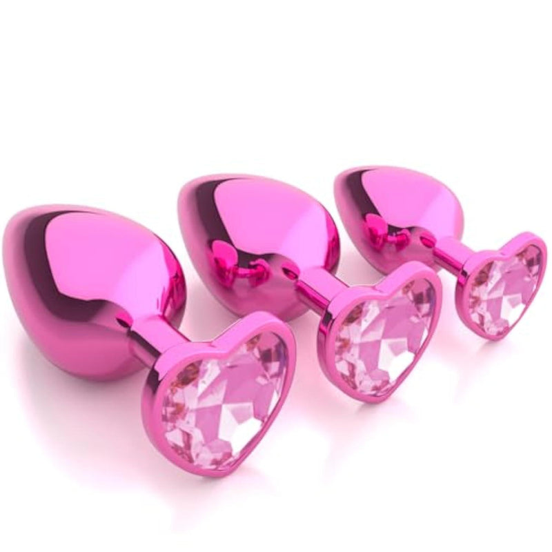 3 Pcs Metal Jeweled Butt Plug Set – Colorful Heart Shaped Anal Trainer Kit for Beginner, Women, Men, Couples – G Spot Adult Sex Toys, Luxury Anal Beads for S&M and Gay Play(Pink)