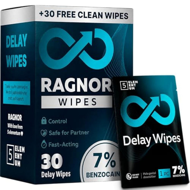 7% Benzocaine Delay Wipes for Long Last for Men - Fast-Acting Formula, 30 Individually Wrapped Wipes for Him with Vitamin E, Chamomile & Aloe Vera