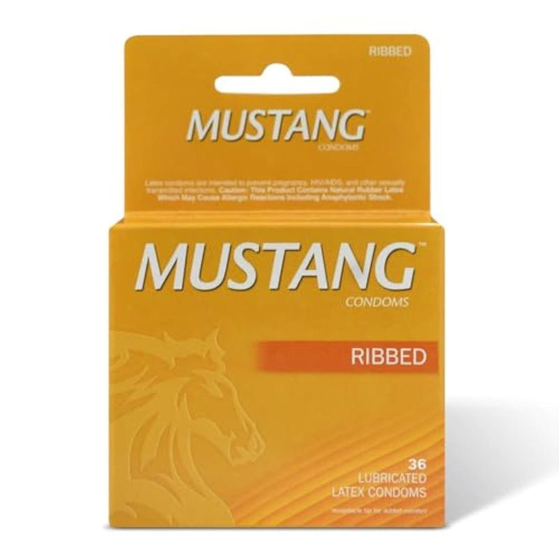 Mustang Ribbed Latex Condoms - 36 Count Pack – Premium Natural Latex, Textured for Extra Stimulation, Electronically Tested, Receptacle Tip