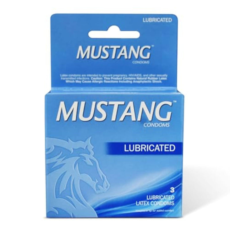 Mustang Ribbed Latex Condoms, 3 Count Pack – Premium Natural Latex, Textured for Extra Stimulation, Electronically Tested, Receptacle Tip