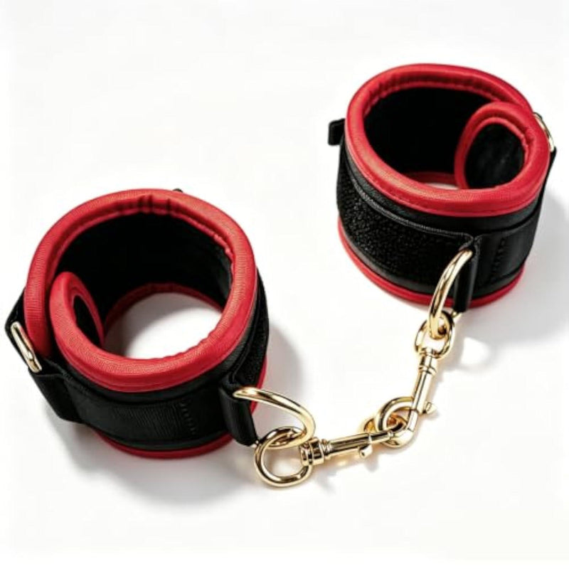 Play Cuffs for Training - Leatherlike PU Handcuffs Red & Black Design for Wrists and Ankles