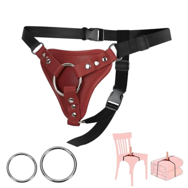 Strap On Harness for Strapless Dildo | 2 in 1 Adjustable Strapon Harness Adult Sex Toy for Women Couples Play | Leather Grip Strap-On & Solo Chair Pillow Harness with 2 Metal O-Rings Pegging Dildos