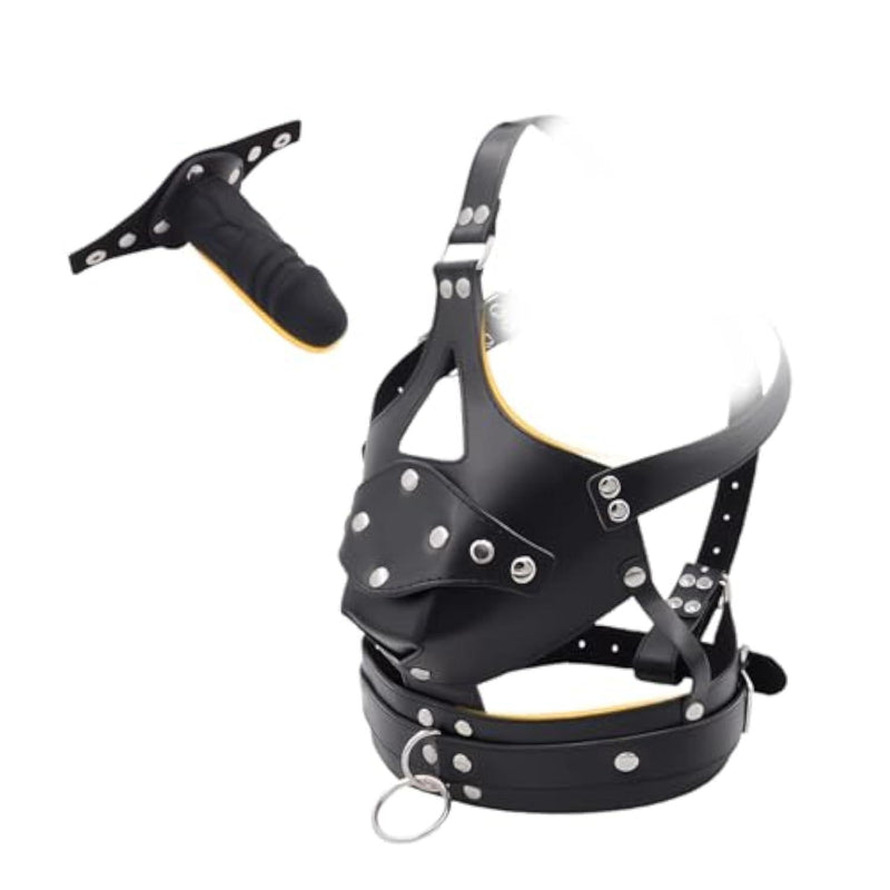 Silicone Penis Gag Ballgag Harness with Leather Bondage Hood