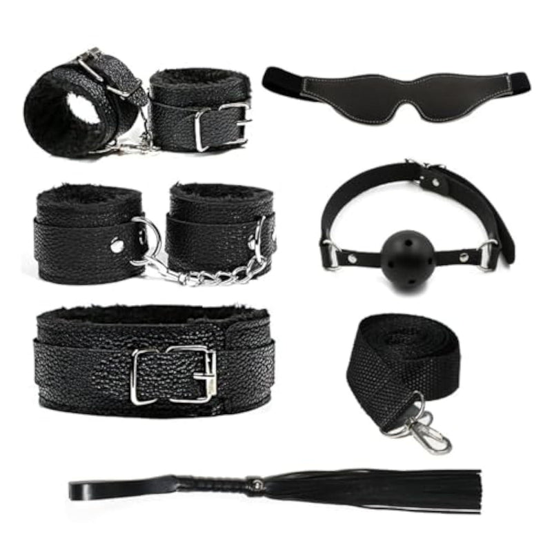 BDSM Kit Sex Bondage Restraint Adult Sex Toys for Couples, 7Pcs Adjustable Handcuffs Collar Ankle Cuff Blindfold Ball Gag Feather Tickle Sex Whip Paddle