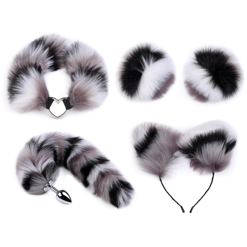 Cute Tail Anal Plug Butt Plug 4Pcs Set Sex Tail Anales Plug Toys Butt Plugs with Cute Ears Headband Collar Nipple Paste ?Grey?