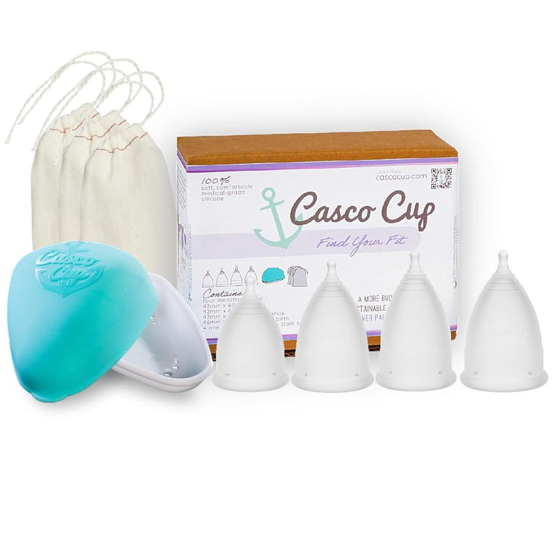 Casco Menstrual Cup & Case - Medical Grade Silicone Period Cup Made in Maine USA, Reusable Menstrual Cup. (4 Reusable Cups - Find Your Fit)