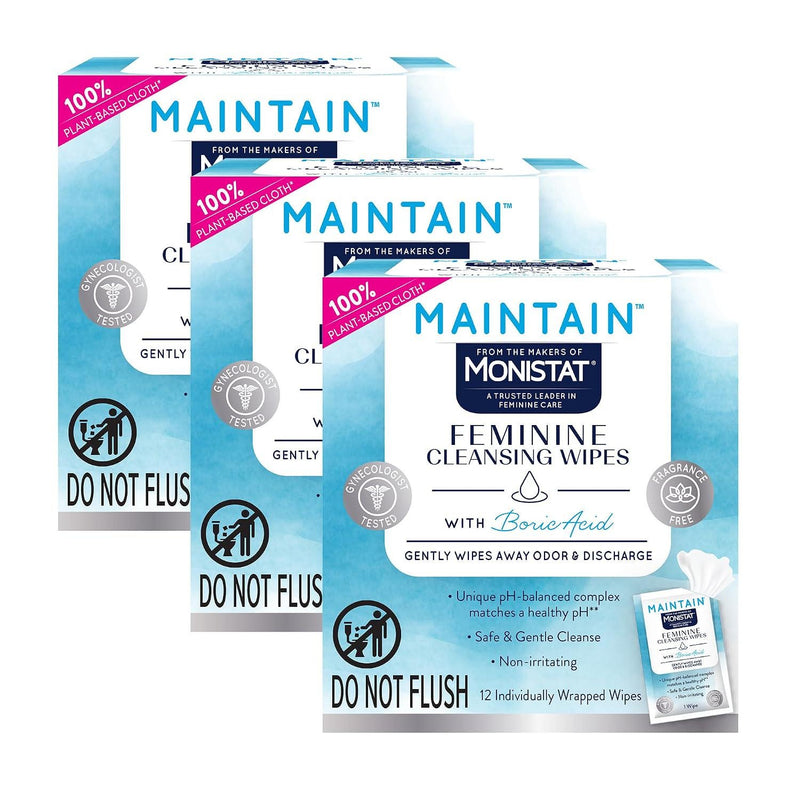 Maintain by Boric Acid Feminine Wipes, Fragrance-Free, 12 Ct, 3 Pk