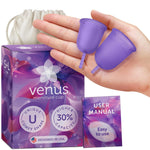Menstrual Cup Kit (Set of 2) - Higher Capacity (+30%) - Unique U-Shape Design for Heavier Flow Days - Get 12 Hours Leak-Free Protection - 100% Medical Grade Silicone Period Cups | Small+Large