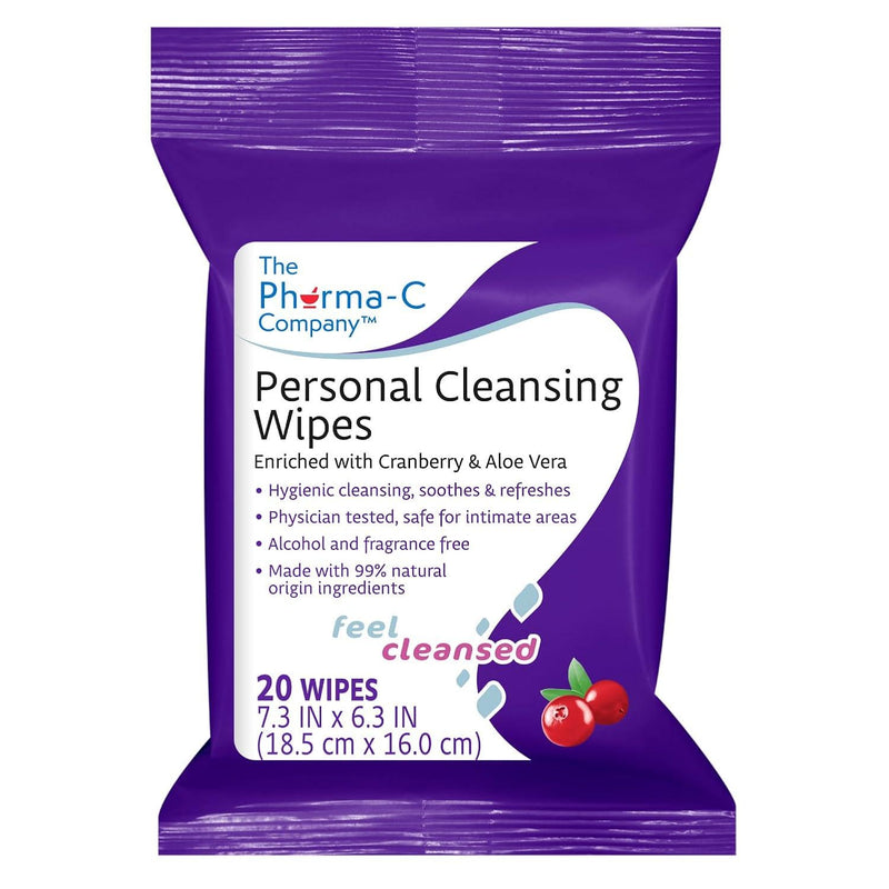 Personal Cleansing Wipes [20 wipes] - Enriched with Cranberry & Aloe Vera. Feminine Intimate Hygiene Wipe. 99% Natural Origin.