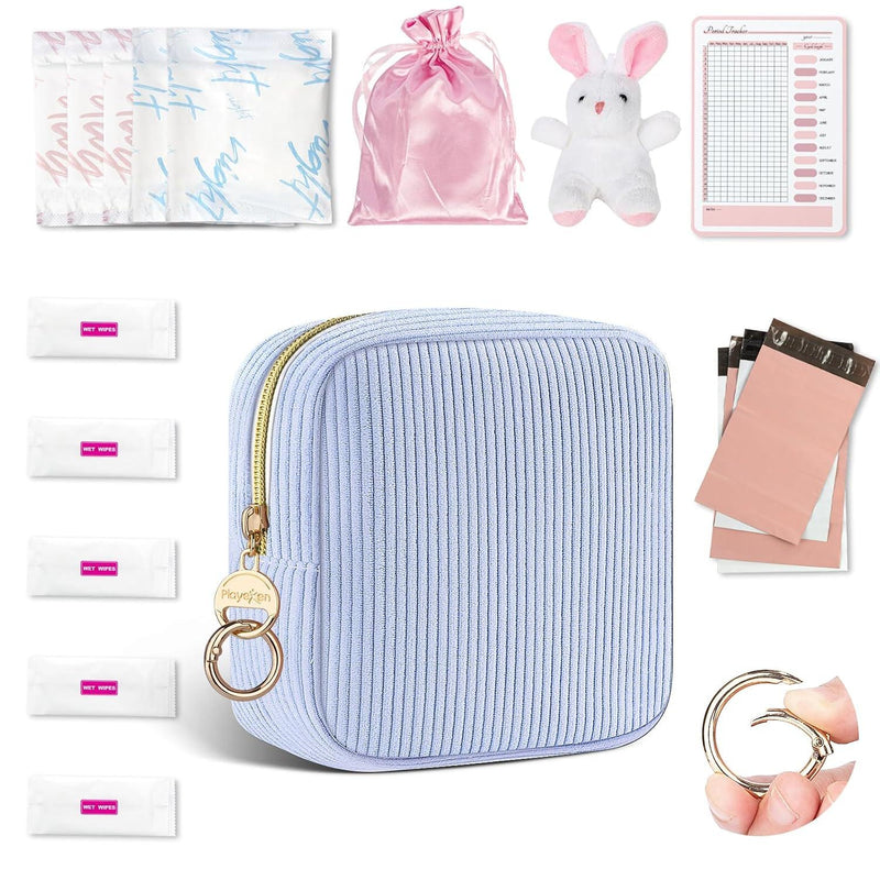 First Period Kit for Girls, Corduroy Cute Sanitary Napkin Storage Bag, Menstrual Pad Bag Tampon Holder for Purse, First Period Gifts (Blue)