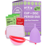 Pixie Menstrual Cup & Disc Duo for Feminine Care - Ranked 1 for Most Comfortable Reusable Period Cup & Disc - Buy One We Give One - Includes Ebook Guide, Flushable Wipes, Lube, Sanitizer & Storage Bag