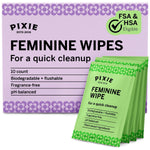 Pixie Feminine Wipes - Flushable, Biodegradable, & Ph Balanced - Individually Wrapped Packet Wipes for On The Go & Public Bathrooms - Wash & Cleaner For Your Menstrual Cups & Discs (1 Pack of 10)
