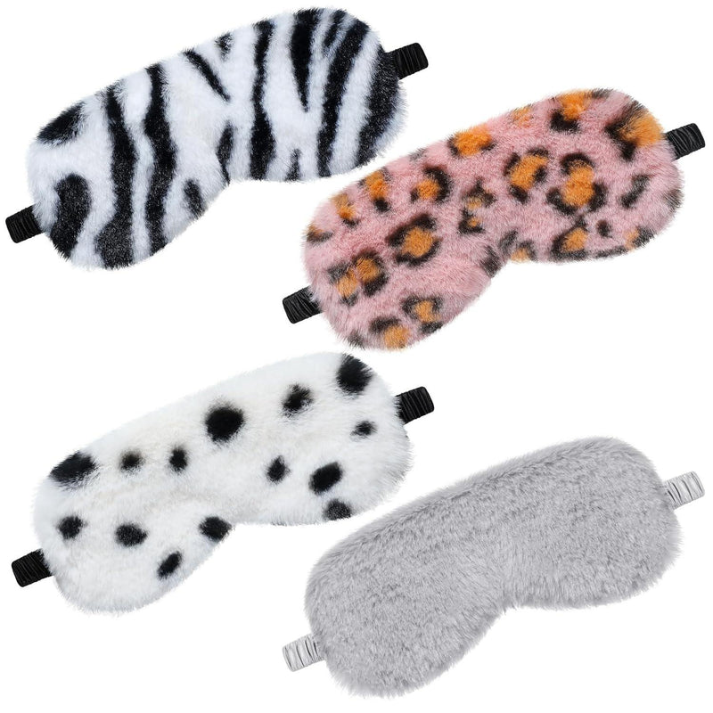 4 Pieces Plush Eye Mask Silk Furry Sleep Masks Comfortable Blindfold Eye Cover Colorful Satin Night Eyeshade Cover for Women Men Sleep Travel Nap Sleeping (Leopard Print, Classic Colors)