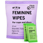 Pixie Feminine Wipes - Flushable, Biodegradable, & Ph Balanced - Individually Wrapped Packet Wipes for On The Go & Public Bathrooms - Wash & Cleaner For Your Menstrual Cups & Discs (1 Pack of 20)