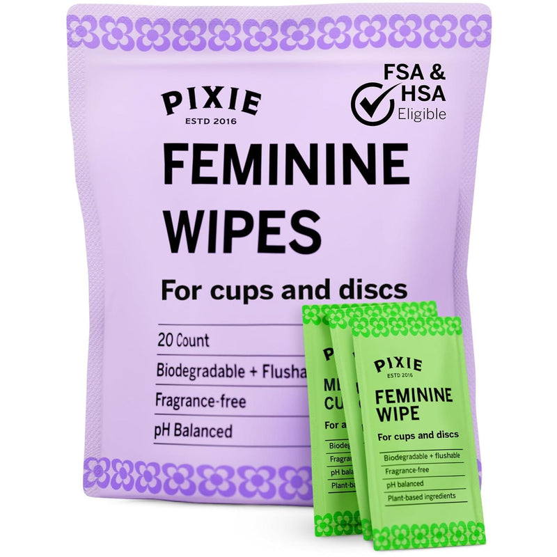 Pixie Feminine Wipes - Flushable, Biodegradable, & Ph Balanced - Individually Wrapped Packet Wipes for On The Go & Public Bathrooms - Wash & Cleaner For Your Menstrual Cups & Discs (1 Pack of 20)