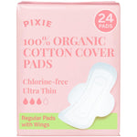 Pixie Organic Cotton Ultra Thin Pads with Wings for Women - Leak-Proof & Moisture-Wicking for Feminine Care - Compostable, Unscented Menstrual Pads - Regular Absorbency - 24 Count