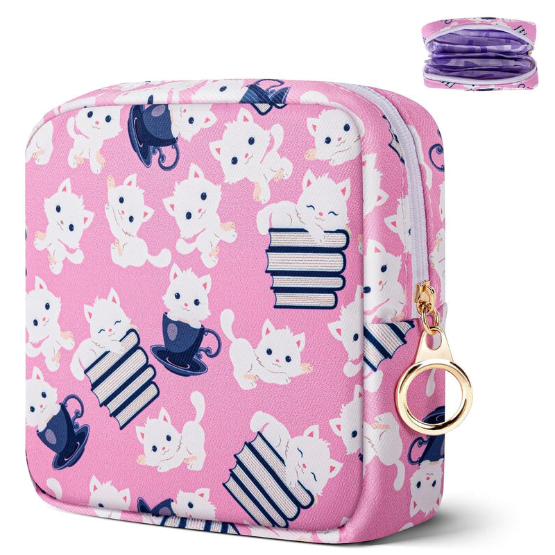 Tampon Holder for Purse, Canvas Period Bag Pouch-Teacup White Cat
