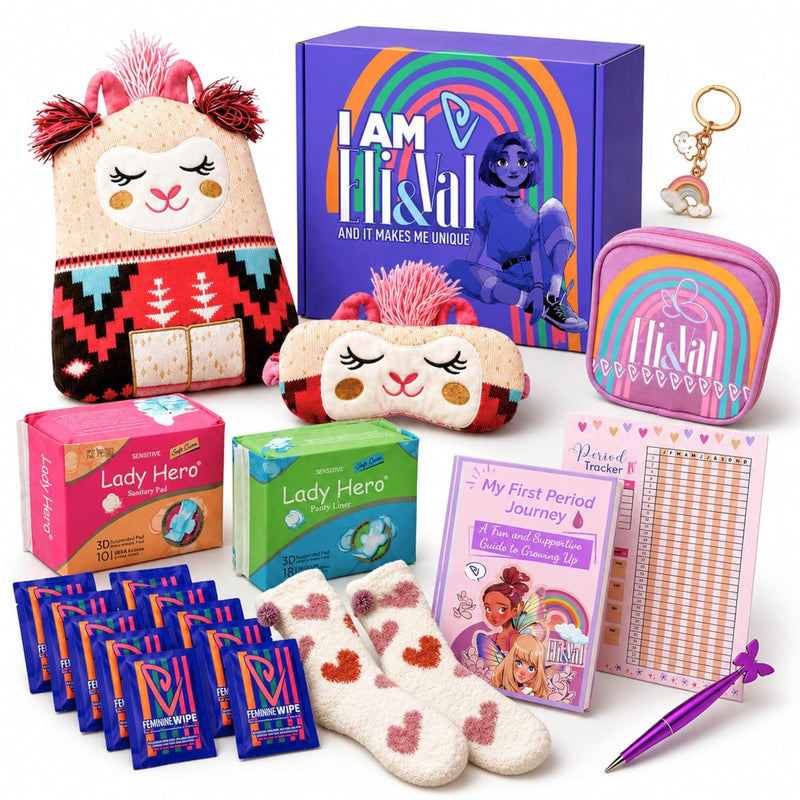 First Period Kit Gift for Girls 9–12 | Period Starter Kit for Tweens & Teens | Pads, Wipes & Confidence Essentials | First Period Gift Box with Discreet Bag (Alpaca)