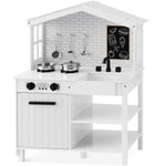 Farmhouse Play Kitchen Toy, Wooden For Kids W/ Chalkboard, Storage Shelves, 5 Accessories - White
