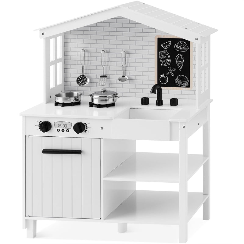 Farmhouse Play Kitchen Toy, Wooden For Kids W/ Chalkboard, Storage Shelves, 5 Accessories - White