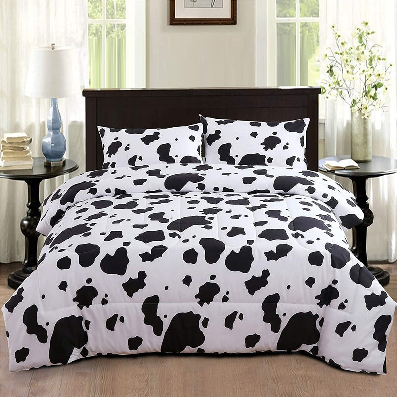 3Pcs Cow Print Comforter Set King Size Black And White Cute Geometric Cow Bedd