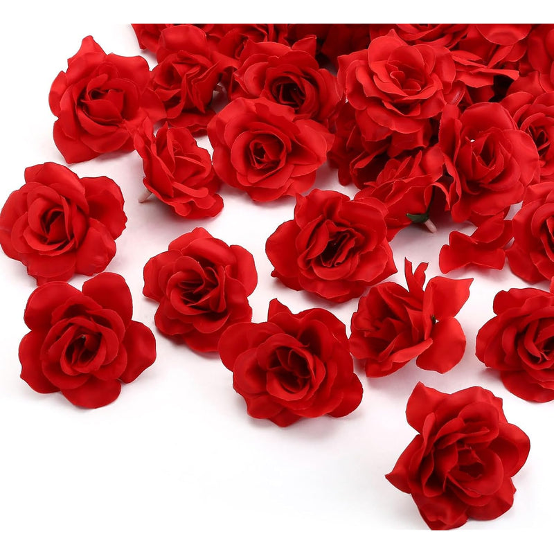 50Pcs Red Roses Artificial Flowers Bulk, Silk Fake Roses Flower Heads For Deco