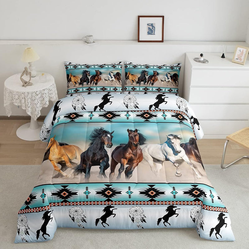 Horses Comforter Set Teal Southwestern Native Aztec Bedding Set,Farmhouse Wild