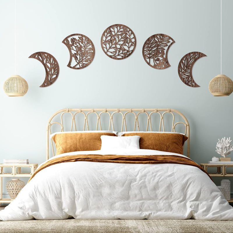 5 Pieces Moon Phase Wall Hanging Decor Wooden Moon Wall Art Nordic Moon Phases