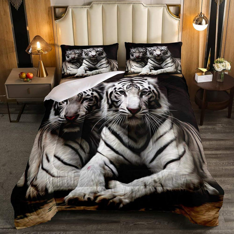 White Tiger Comforter Set Full Size, 3D Animal Print Bedding Set For Kids Boys
