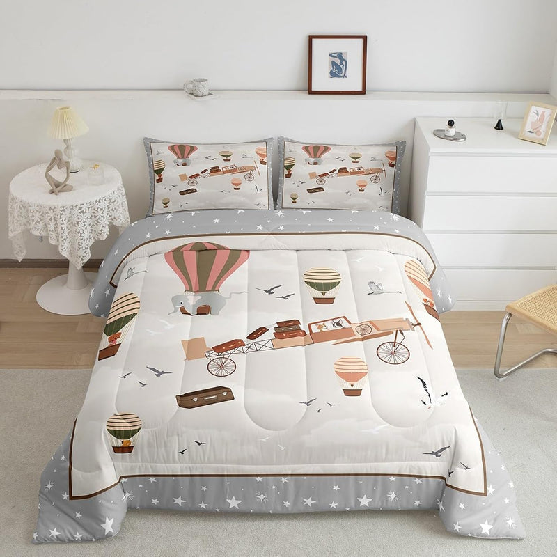 Cartoon Aircraft Kids Comforter Set Twin Size,Cute Airplane Hot Air Balloon Be