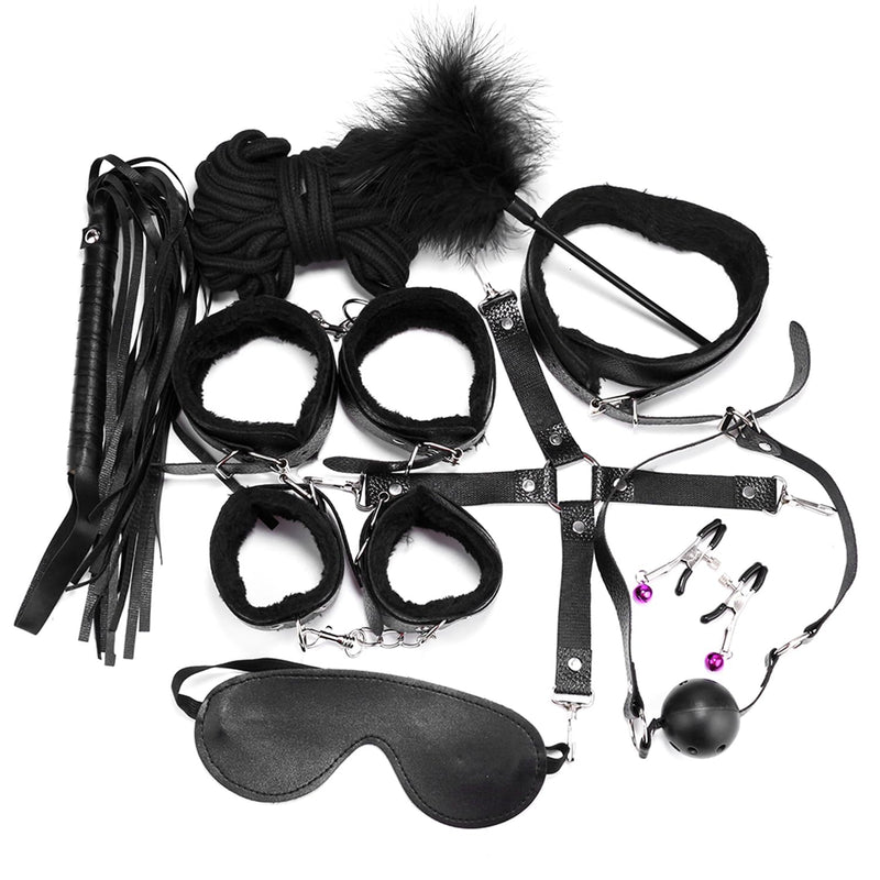 Sex Bondage Bdsm Kit Restraints - Upgrade 10Pcs Sets With Adjustable Handcuffs Collar Ankle Cuff Blindfold Feather Tickler Adult Games Sex Toys For Men Women And Couples Foreplay (Black)