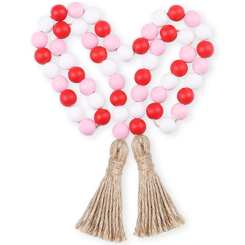 Valentine'S Day Wood Bead Garland With Tassel,Rustic Wooden Bead Decor Farmhou