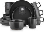 Coupe 16-Piece Stoneware Dish Set, Celina Service for 4, Black Plates and Bowls Dinnerware Set, Dishwasher and Microwave Safe, Black Matte