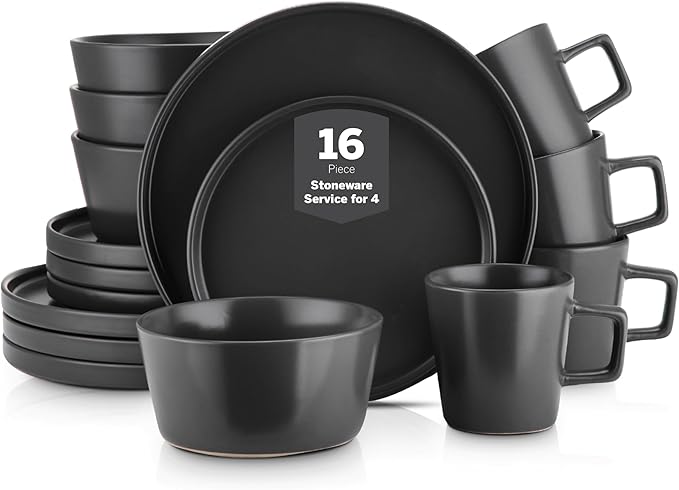 Coupe 16-Piece Stoneware Dish Set, Celina Service for 4, Black Plates and Bowls Dinnerware Set, Dishwasher and Microwave Safe, Black Matte