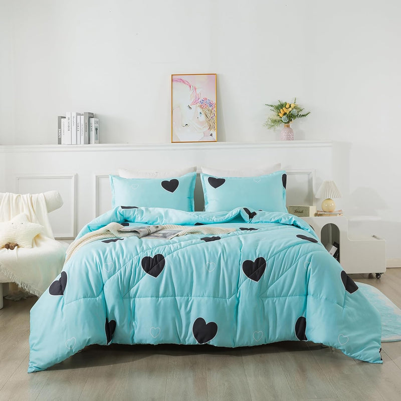 Love Pattern Girls Comforter Set Queen Size, Sky Blue Cute Love Heart Print Co
