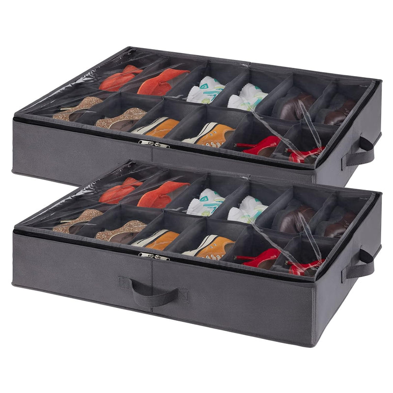 Under Bed Shoe Storage Organizer Set Of 2, Foldable Fabric Shoes Container Box W