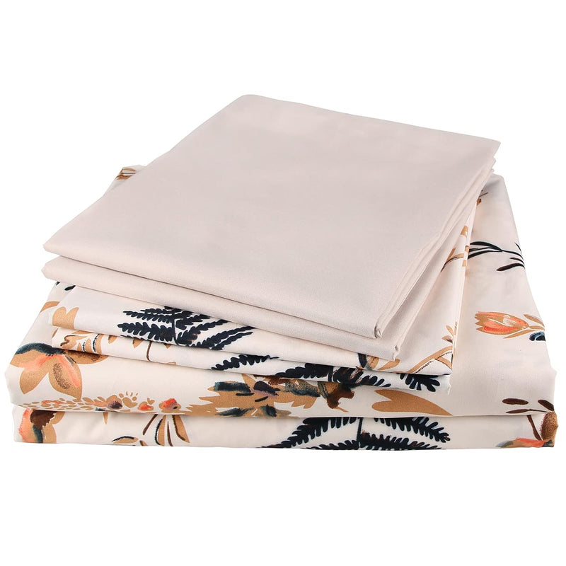 Blush Pink Floral Print Sheet Set Queen 6 Piece, Soft Botanical Ferns Pattern